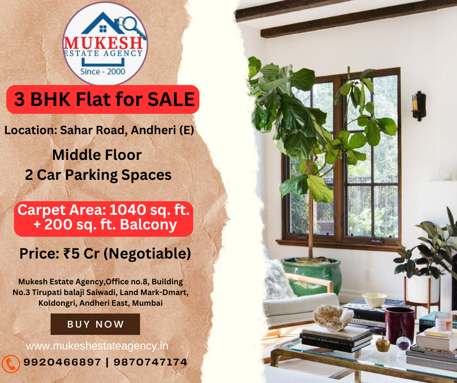 Looking for your dream home in Andheri East? Here are some amazing options!

🏠 2 BHK Carpet 650 sq. ft. – ₹2.40 Cr (1st Floor, Sahar Road, Andheri East)

🏠 3 BHK Carpet 963 sq. ft. + Balcony – ₹4.75 Cr (4th Floor, 2 Car Parking, Sahar Road, Andheri East)

🏠 3 BHK Carpet 1200 sq. ft. – ₹5 Cr (4th Floor, Saiwadi, Telly Gully, Prof. N.S. Phadke Road, Andheri East)

🏠 3 BHK Carpet 1164 sq. ft. – ₹4.85 Cr (12th Floor, 2 Car Parking, Old Nagardas Road, Andheri East)

For more details or to schedule a visit, contact: 📞 Mr. Mukesh Savla – 99204 66897
📞 Dimple Savla – 98707 47174

✨ Secure your new home today! ✨

#AndheriEast #MumbaiRealEstate #DreamHome #PropertyForSale #LuxuryLiving