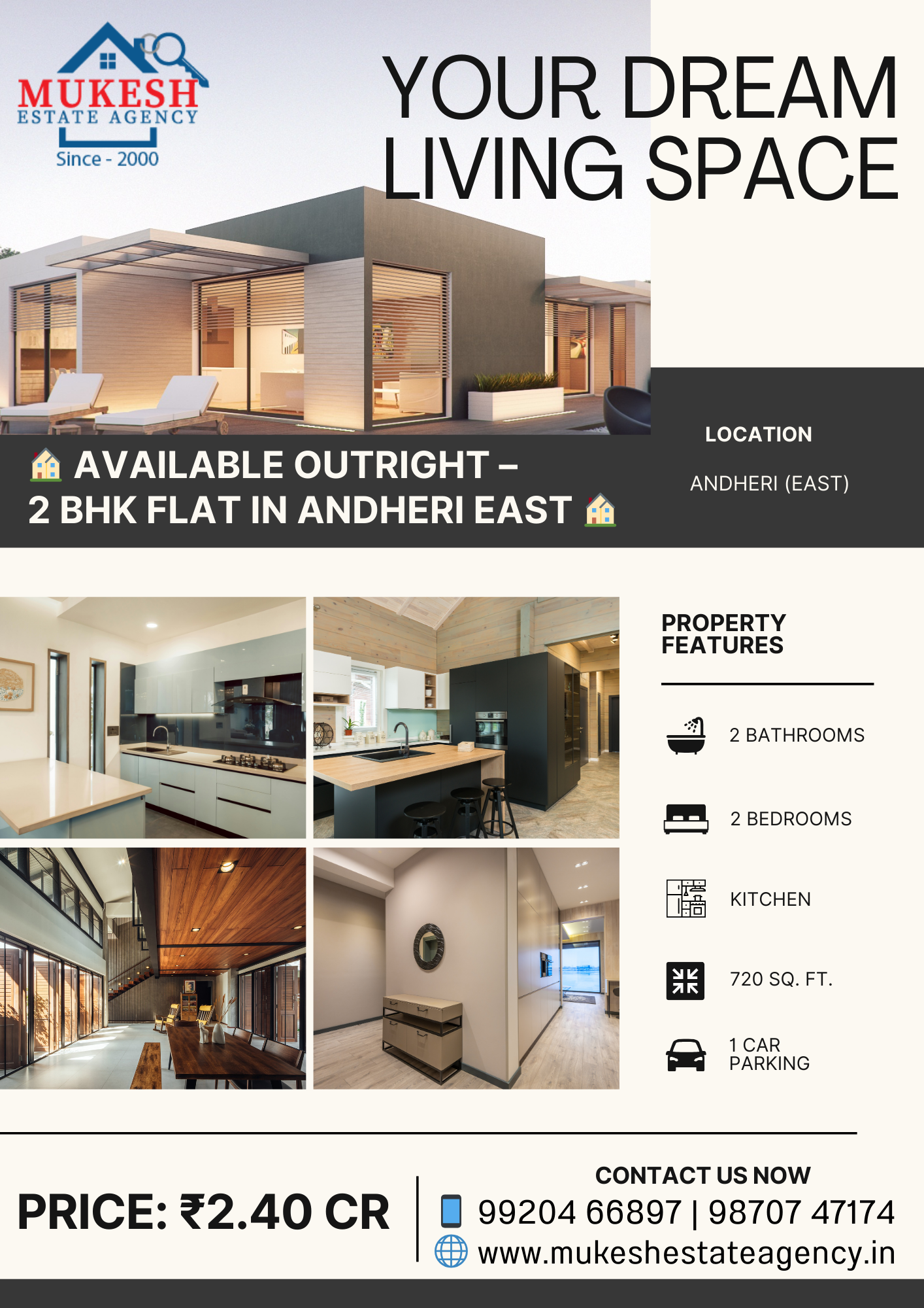 🏠 AVAILABLE OUTRIGHT – 2 BHK FLAT IN ANDHERI EAST 🏠 ✨ Carpet Area: 720 sq.ft. 🏢 Floor: Middle Floor 🌅 East/West Entry 🚘 Car Parking: 1 Reserved 📍 Location: Near Vishal Hall, Andheri (East) 💰 Price: ₹2.40 Cr (All Inclusive) 📌 Ready-to-move | Prime Location | Excellent Connectivity 📞 For More Details Contact: Mukesh Estate Agency 📱 99204 66897 | 98707 47174 🌐 www.mukeshestateagency.in