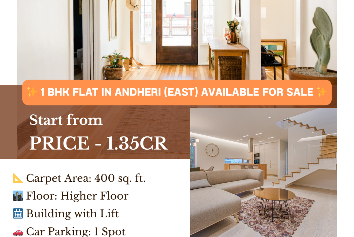 ✨ 1 BHK Flat in Andheri (East) AVAILABLE FOR SALE ✨ 📐 Carpet Area: 400 sq. ft. 🏙️ Floor: Higher Floor 🛗 Building with Lift 🚗 Car Parking: 1 Spot 📦 Possession: In Just 3 Months! 💰 Price: ₹1.35 Crore (All Inclusive) 📍 Prime Location: Andheri East, Mumbai Don't miss this excellent investment or your dream home opportunity in the heart of the city! 📞 Call Mukesh Estate Agency today for more details or to schedule a site visit: 📱 99204 66897 | 98707 47174 🌐 www.mukeshestateagency.in 🔑 #AndheriEast #MumbaiRealEstate #FlatForSale #DreamHomeMumbai #InvestmentProperty #2BHKForSale #LuxuryLivingMumbai
