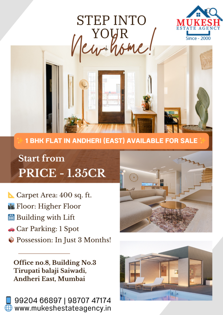 ✨ 1 BHK Flat in Andheri (East) AVAILABLE FOR SALE ✨ 📐 Carpet Area: 400 sq. ft. 🏙️ Floor: Higher Floor 🛗 Building with Lift 🚗 Car Parking: 1 Spot 📦 Possession: In Just 3 Months! 💰 Price: ₹1.35 Crore (All Inclusive) 📍 Prime Location: Andheri East, Mumbai Don't miss this excellent investment or your dream home opportunity in the heart of the city! 📞 Call Mukesh Estate Agency today for more details or to schedule a site visit: 📱 99204 66897 | 98707 47174 🌐 www.mukeshestateagency.in 🔑 #AndheriEast #MumbaiRealEstate #FlatForSale #DreamHomeMumbai #InvestmentProperty #2BHKForSale #LuxuryLivingMumbai