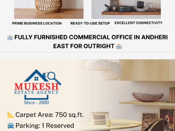 🏢 AVAILABLE OUTRIGHT – FULLY FURNISHED COMMERCIAL OFFICE IN ANDHERI EAST 🏢 📐 Carpet Area: 750 sq.ft. 💼 Type: Fully Furnished Office 🚘 Parking: 1 Reserved 🚉 Location: Near Andheri East Station 💰 Price: ₹5.75 Cr (Outright) ✅ Prime Business Location ✅ Ready-to-use Setup ✅ Excellent Connectivity 📞 For More Details Contact: Mukesh Estate Agency 📱 99204 66897 | 98707 47174 🌐 www.mukeshestateagency.in