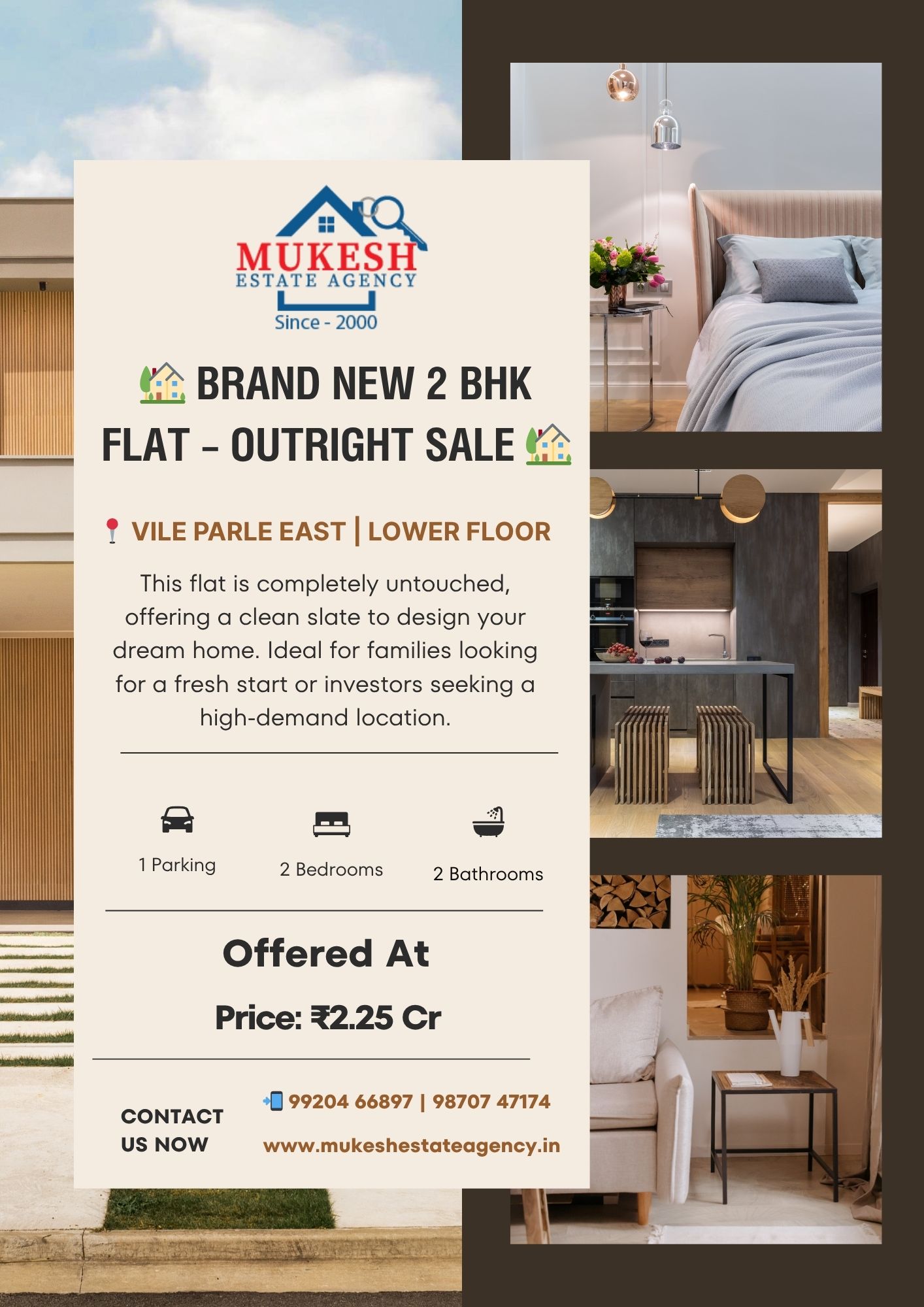 mukeshestateagency Best Real Estate Agent in Andheri East: Mukesh Estate Agency A Dream Home Awaits: 1 , 2, 3BHK Flat for Sale, rent in Andheri East 📞 Contact Mukesh Estate Agency: 📲 9920466897 | 9870747174 🏡 Brand New 2 BHK Flat – Outright Sale 🏡 📍 Vile Parle East | Lower Floor ✨ Untouched & Ready to Move 💰 Price: ₹2.25 Cr (Outright) 🚘 1 Reserved Parking 🏋️ Gym | 🌳 Garden Amenities 📦 Fresh, Unused Flat – Perfect for Modern Living! 📞 Call Mukesh Estate Agency Now! 📲 99204 66897 | 98707 47174 #VileParleEast #2BHKForSale #MumbaiHomes #UntouchedFlat #RealEstateMumbai #MukeshEstateAgency #FlatForSale #DreamHome #MumbaiProperty #LuxuryLiving #ReadyToMove #OutrightFlat #PropertyInvestment #HomeHuntMumbai #FlatWithParking #GymGardenFlat #VileParleLiving #MumbaiRealty