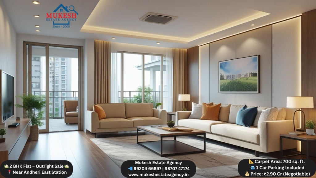 🏡 2 BHK Flat – Outright Sale 🏡 📍 Near Andheri East Station | Lower Floor ✨ Spacious & Well-Connected 📐 Carpet Area: 700 sq. ft. 🚘 1 Car Parking Included 💰 Price: ₹2.90 Cr (Negotiable) Perfect location for easy commuting and a comfortable lifestyle! 📞 For Site Visit & Details: Mukesh Estate Agency 📲 99204 66897 | 98707 47174