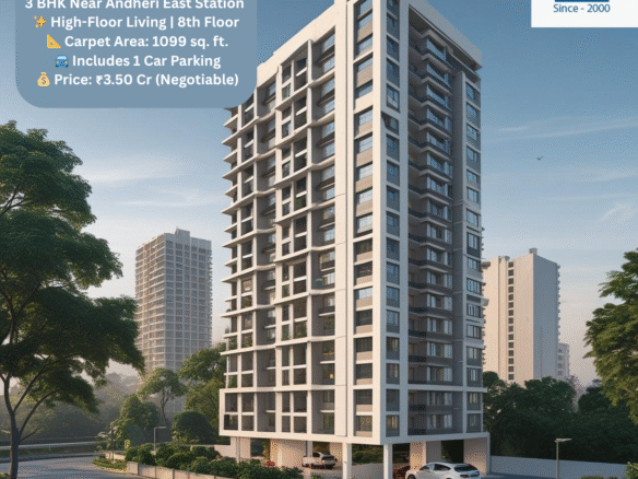 🏢 Outright Sale – Spacious 3 BHK Near Andheri East Station 🏢 ✨ High-Floor Living | 8th Floor 📐 Carpet Area: 1099 sq. ft. 🚘 Includes 1 Car Parking 💰 Price: ₹3.50 Cr (Negotiable) 📍 Prime Location – Just Minutes from Andheri East Station Your dream home awaits in the heart of the city! Don’t miss this excellent investment opportunity. 📞 Contact Mukesh Estate Agency 📲 99204 66897 | 98707 47174