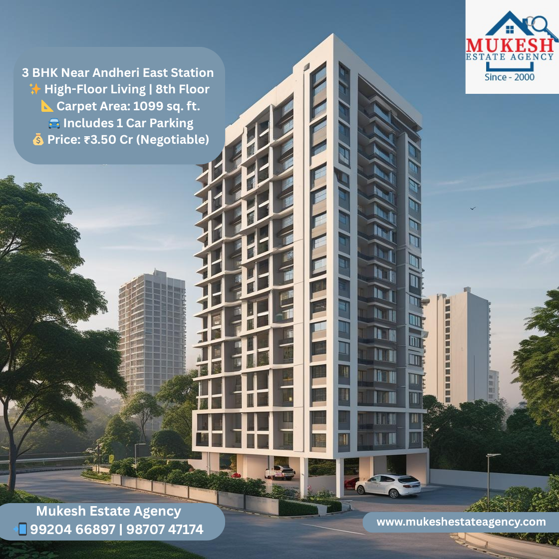 🏢 Outright Sale – Spacious 3 BHK Near Andheri East Station 🏢 ✨ High-Floor Living | 8th Floor 📐 Carpet Area: 1099 sq. ft. 🚘 Includes 1 Car Parking 💰 Price: ₹3.50 Cr (Negotiable) 📍 Prime Location – Just Minutes from Andheri East Station Your dream home awaits in the heart of the city! Don’t miss this excellent investment opportunity. 📞 Contact Mukesh Estate Agency 📲 99204 66897 | 98707 47174