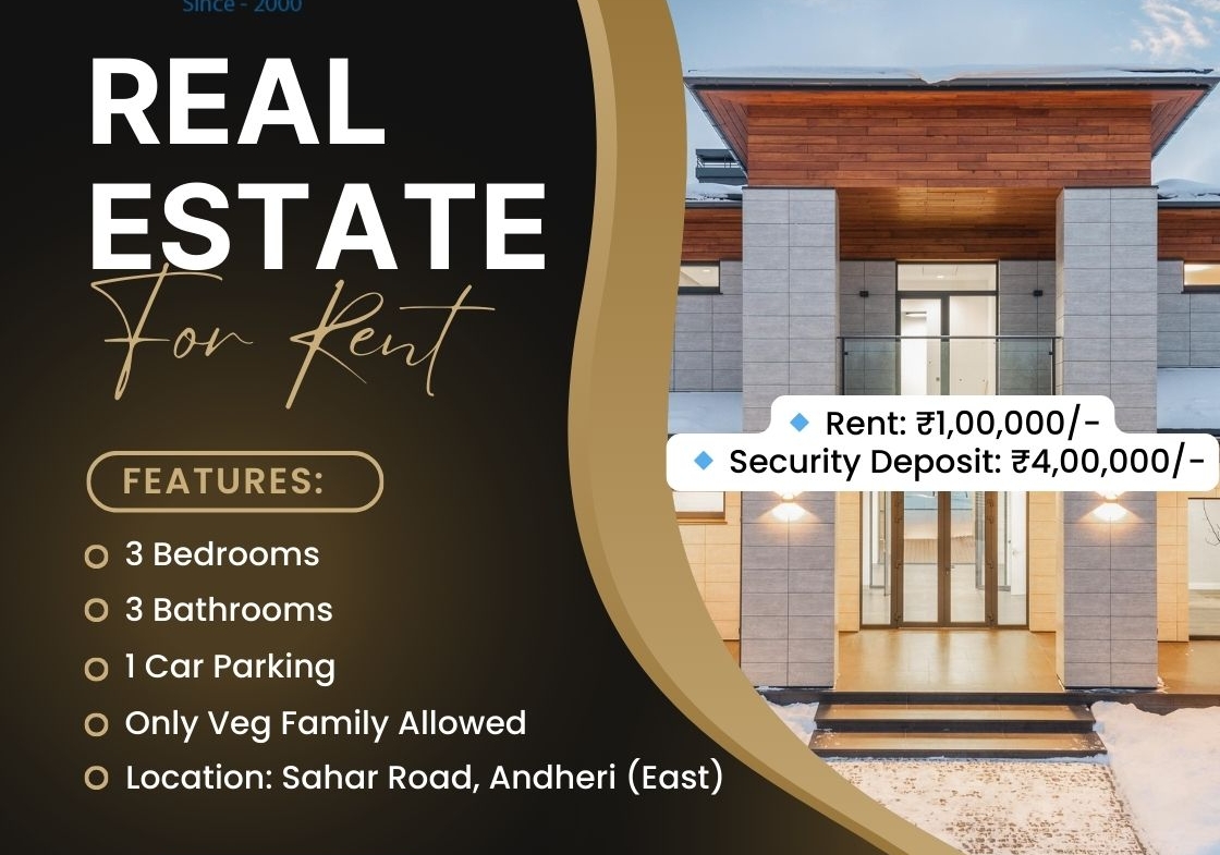 🏡 AVAILABLE RENT FLAT – ANDHERI (EAST) 🏡 ✨ Details: 🔹 3 BHK – Unfurnished 🔹 Only Veg Family Allowed 🔹 Rent: ₹1,00,000/- 🔹 Security Deposit: ₹4,00,000/- 🔹 Floor: Lower 🔹 1 Car Parking 🔹 Possession: Immediate 📍 Location: Sahar Road, Andheri (East) 📌 No Pics / Video – Direct Inspection (2 hrs prior notice) 📞 Contact: Mukesh Estate Agency 📲 99204 66897 | 98707 47174 🌐 www.mukeshestateagency.in