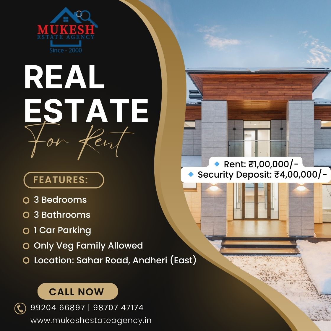 🏡 AVAILABLE RENT FLAT – ANDHERI (EAST) 🏡 ✨ Details: 🔹 3 BHK – Unfurnished 🔹 Only Veg Family Allowed 🔹 Rent: ₹1,00,000/- 🔹 Security Deposit: ₹4,00,000/- 🔹 Floor: Lower 🔹 1 Car Parking 🔹 Possession: Immediate 📍 Location: Sahar Road, Andheri (East) 📌 No Pics / Video – Direct Inspection (2 hrs prior notice) 📞 Contact: Mukesh Estate Agency 📲 99204 66897 | 98707 47174 🌐 www.mukeshestateagency.in
