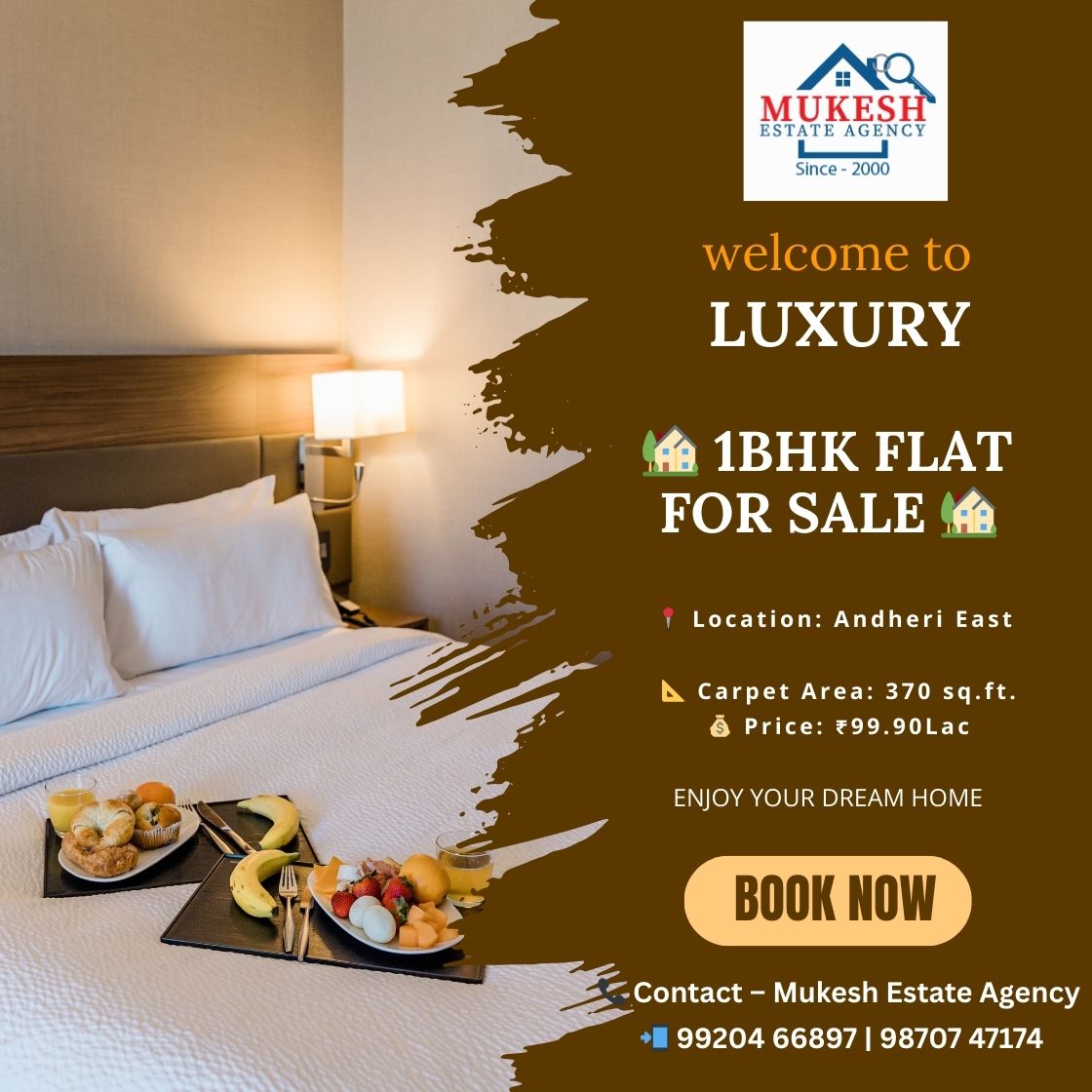 ✨ Exclusive 1 BHK Apartment – Near Mumbai International Airport ✨ 🏢 Unfurnished Smart Apartment | Newly Constructed | Prime Location ✅ 12-Storeyed Independent Building with Modern Amenities ✅ Rooftop Garden | Gym | Modular Kitchen | CCTV | Power Backup | Elevators | Grand Lobby ✅ Excellent Connectivity – Rail, Road & Metro 📍 Location: Aerovista, Chhatrapati Shivaji Maharaj Int’l Airport Rd, Chakala, Andheri (E) 📐 Area: 370 sq.ft. (RERA) 💰 Price: ₹99.90 Lacs 🚇 Accessibility: •⁠ ⁠Western Express Highway – 200 m •⁠ ⁠Metro Station – 5 mins •⁠ ⁠Domestic & International Airport (T2) – 10 mins •⁠ ⁠Andheri Railway Station – 10 mins •⁠ ⁠D Mart & Four Care Hospital – 10 mins 📞 Contact Mukesh Estate Agency 📲 99204 66897 | 98707 47174