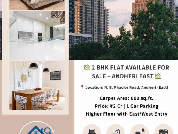 🏡 2 BHK Flat Available for Sale – Andheri East 🏡 📍 Location: N. S. Phadke Road, Andheri (East) ✨ Details: Spacious 2 BHK Apartment Carpet Area: 600 sq.ft. Price: ₹2 Cr Higher Floor with East/West Entry 1 Car Parking Well-Maintained Building 📌 Direct Inspection Only 🚫 No Pictures / No Videos ⏰ 2 Hours Prior Notice Required for Inspection 🤝 Genuine Buyers Welcome 📞 Contact: Mukesh Estate Agency 📲 99204 66897 | 98707 47174