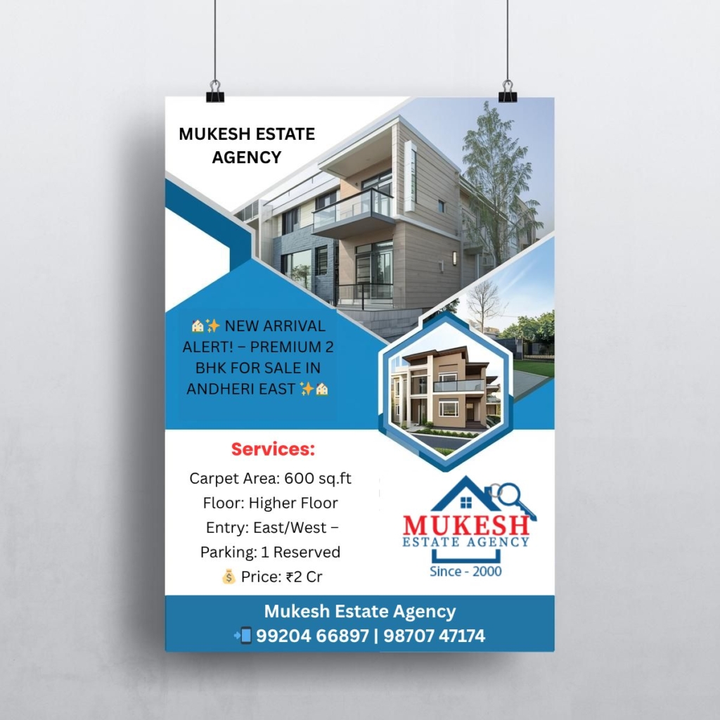 🏠✨ NEW ARRIVAL ALERT! – PREMIUM 2 BHK FOR SALE IN ANDHERI EAST ✨🏠 Looking for your dream home in one of Mumbai’s most sought-after locations? Here’s a perfect 2 BHK that offers comfort, convenience, and connectivity — all in one! 📐 Flat Details: Configuration: 2 BHK Residential Flat Carpet Area: 600 sq.ft (RERA Carpet) Floor: Higher Floor with excellent ventilation & natural light Entry: East/West – as per vastu preference Parking: 1 Reserved Car Parking 💰 Price: ₹2 Cr (Attractive deal for this location) 📍 Location Highlights: Situated on N.S. Phadke Road, Andheri (East) Close proximity to Western Express Highway, Andheri Station, Metro Station, Schools, and Offices Peaceful and well-maintained building with good connectivity to all major areas of Mumbai 📸 Note: No pictures or videos available — Direct inspection only ⏰ Inspection: With 2 hours prior notice 🔑 📞 Contact Now for More Details & Site Visit: Mukesh Estate Agency — Your Trusted Property Partner in Andheri East — 📲 99204 66897 | 98707 47174 🌐 www.mukeshestateagency.in #AndheriEast #FlatForSale #2BHK #DreamHome #MumbaiRealEstate #PropertyInvestment #LuxuryLiving #MukeshEstateAgency #HomeForSale #AndheriProperties #RealEstateMumbai