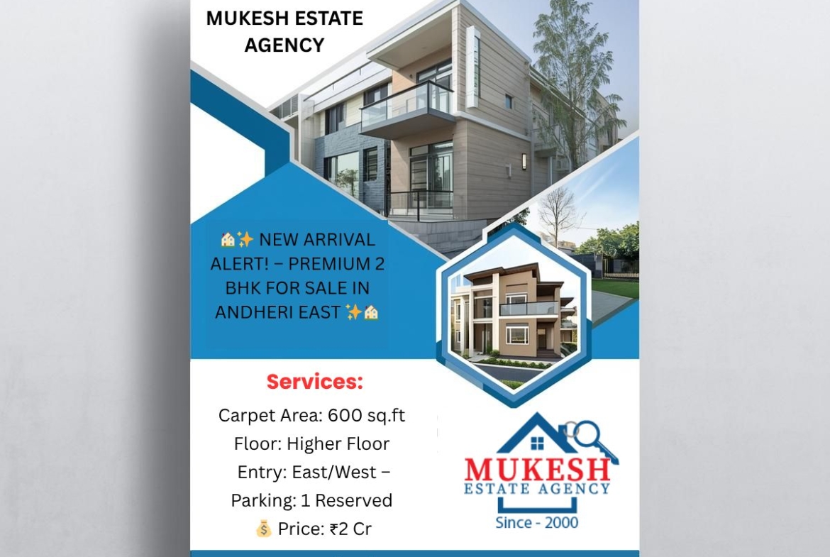 🏠✨ NEW ARRIVAL ALERT! – PREMIUM 2 BHK FOR SALE IN ANDHERI EAST ✨🏠 Looking for your dream home in one of Mumbai’s most sought-after locations? Here’s a perfect 2 BHK that offers comfort, convenience, and connectivity — all in one! 📐 Flat Details: Configuration: 2 BHK Residential Flat Carpet Area: 600 sq.ft (RERA Carpet) Floor: Higher Floor with excellent ventilation & natural light Entry: East/West – as per vastu preference Parking: 1 Reserved Car Parking 💰 Price: ₹2 Cr (Attractive deal for this location) 📍 Location Highlights: Situated on N.S. Phadke Road, Andheri (East) Close proximity to Western Express Highway, Andheri Station, Metro Station, Schools, and Offices Peaceful and well-maintained building with good connectivity to all major areas of Mumbai 📸 Note: No pictures or videos available — Direct inspection only ⏰ Inspection: With 2 hours prior notice 🔑 📞 Contact Now for More Details & Site Visit: Mukesh Estate Agency — Your Trusted Property Partner in Andheri East — 📲 99204 66897 | 98707 47174 🌐 www.mukeshestateagency.in #AndheriEast #FlatForSale #2BHK #DreamHome #MumbaiRealEstate #PropertyInvestment #LuxuryLiving #MukeshEstateAgency #HomeForSale #AndheriProperties #RealEstateMumbai