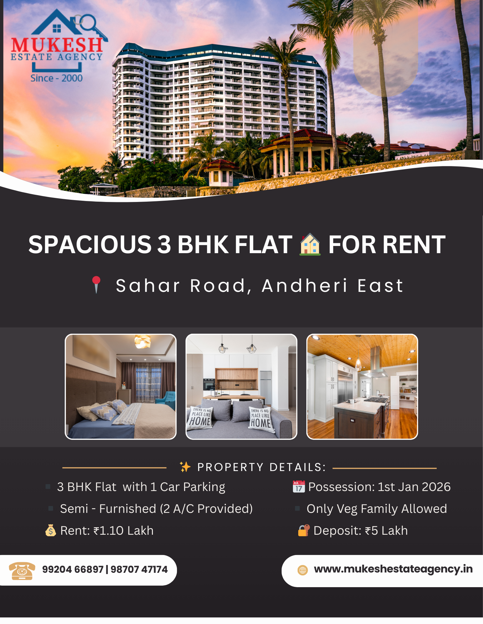 Mukesh Estate Agency Andheri East🏠 AVAILABLE FOR RENT – SPACIOUS 3 BHK FLAT 🏠 📍 Sahar Road, Andheri East ✨ Property Details: ▪️ 3 BHK Flat ▪️ East / West Entry ▪️ Un-Furnished (2 A/C Provided) ▪️ Higher Floor ▪️ Only Veg Family Allowed 💰 Rent: ₹1.10 Lakh 🔐 Security Deposit: ₹5 Lakh 🚗 Car Parking: 1 📅 Possession: 1st January 2026 🏢 Building Name: 📞 On Call 📞 Contact: Mukesh Estate Agency 📲 99204 66897 | 98707 47174 #3BHKForRent #AndheriEast #SaharRoad #MumbaiRental #VegFamilyOnly #HighFloorFlat #RentalProperty #MukeshEstateAgency #MumbaiRealEstate