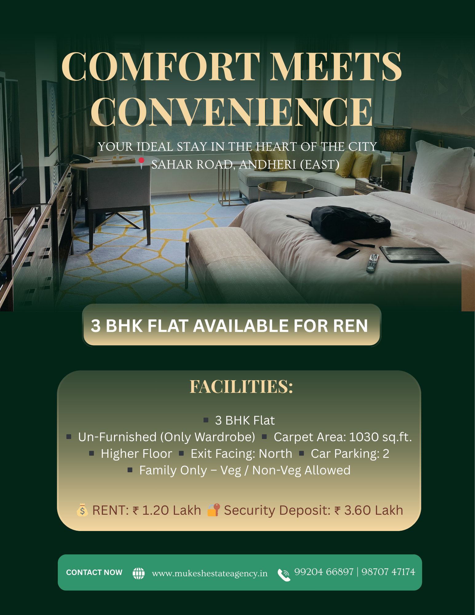 3 BHK Flat AVAILABLE FOR REN 🏠 📍 Sahar Road, Andheri (East) ✨ Property Details: ▪️ 3 BHK Flat ▪️ Un-Furnished (Only Wardrobe) ▪️ Carpet Area: 1030 sq.ft. ▪️ Higher Floor ▪️ Exit Facing: North ▪️ Car Parking: 2 ▪️ Possession: Immediate ▪️ Family Only – Veg / Non-Veg Allowed 💰 RENT: ₹ 1.20 Lakh (Final) 🔐 Security Deposit: ₹ 3.60 Lakh (Final) 📸 Pictures Available on Request 🔍 Inspection: 1 Day Prior Notice Required ——————————————— 📞 Contact: Mukesh Estate Agency 📲 99204 66897 | 98707 47174 ——————————————— #NewListing #3BHKFlat #AndheriEast #SaharRoad #FlatForSale #FlatForRent