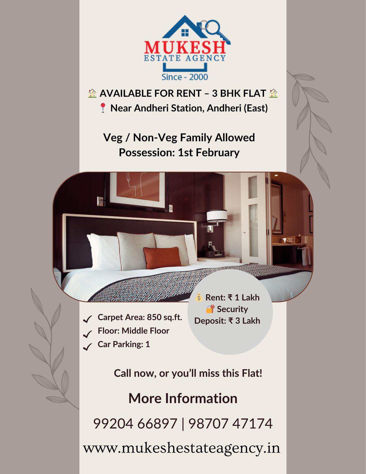 Mukesh Estate Agency Andheri East🏠 AVAILABLE FOR RENT – 3 BHK FLAT 🏠 📍 Near Andheri Station, Andheri (East) ✨ Property Details: ▪️ 3 BHK Apartment ▪️ Carpet Area: 850 sq.ft. ▪️ Floor: Middle Floor ▪️ Entry: East / West ▪️ Car Parking: 1 ▪️ Veg / Non-Veg Family Allowed 💰 Rent: ₹ 1 Lakh 🔐 Security Deposit: ₹ 3 Lakh 📆 Possession: 1st February 📍 Location Advantages: ✅ Close to Andheri Railway Station ✅ Excellent connectivity ✅ Prime residential locality 🔍 Inspection: 1 Hour Prior Notice Required ——————————————— 📞 Contact: Mukesh Estate Agency 📲 99204 66897 | 98707 47174 ——————————————— #AndheriEast #3BHKForRent