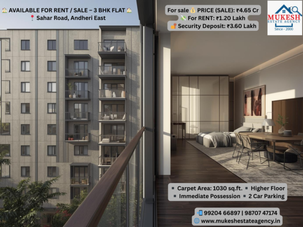 AVAILABLE FOR RENT / SALE – 3 BHK FLAT mukeshestateagency