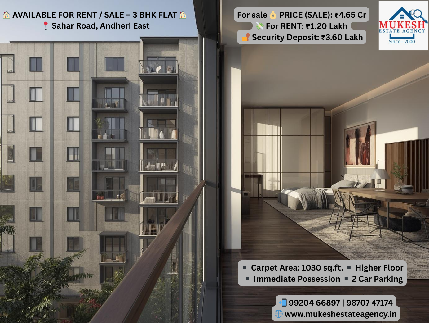 AVAILABLE FOR RENT / SALE – 3 BHK FLAT mukeshestateagency