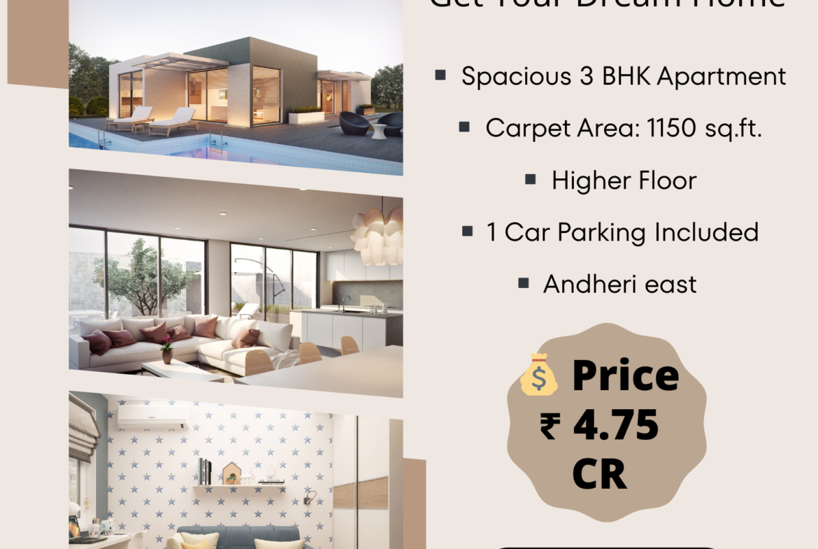 Mukesh Estate Agency Andheri East OUTRIGHT SALE | PREMIUM 3 BHK FLAT 🏡 📍 Prime Residential Location – Mumbai ✨ Property Highlights: ▪️ Spacious 3 BHK Apartment ▪️ Carpet Area: 1150 sq.ft. ▪️ East–West Entry (Excellent light & ventilation) ▪️ Higher Floor ▪️ 1 Car Parking Included 💰 Price: ₹ 4.75 Cr 🔑 Ideal for premium family living or a smart long-term investment in a prime locality.