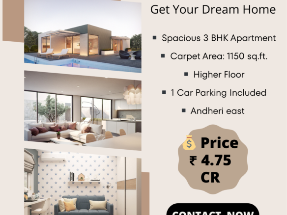 Mukesh Estate Agency Andheri East OUTRIGHT SALE | PREMIUM 3 BHK FLAT 🏡 📍 Prime Residential Location – Mumbai ✨ Property Highlights: ▪️ Spacious 3 BHK Apartment ▪️ Carpet Area: 1150 sq.ft. ▪️ East–West Entry (Excellent light & ventilation) ▪️ Higher Floor ▪️ 1 Car Parking Included 💰 Price: ₹ 4.75 Cr 🔑 Ideal for premium family living or a smart long-term investment in a prime locality.