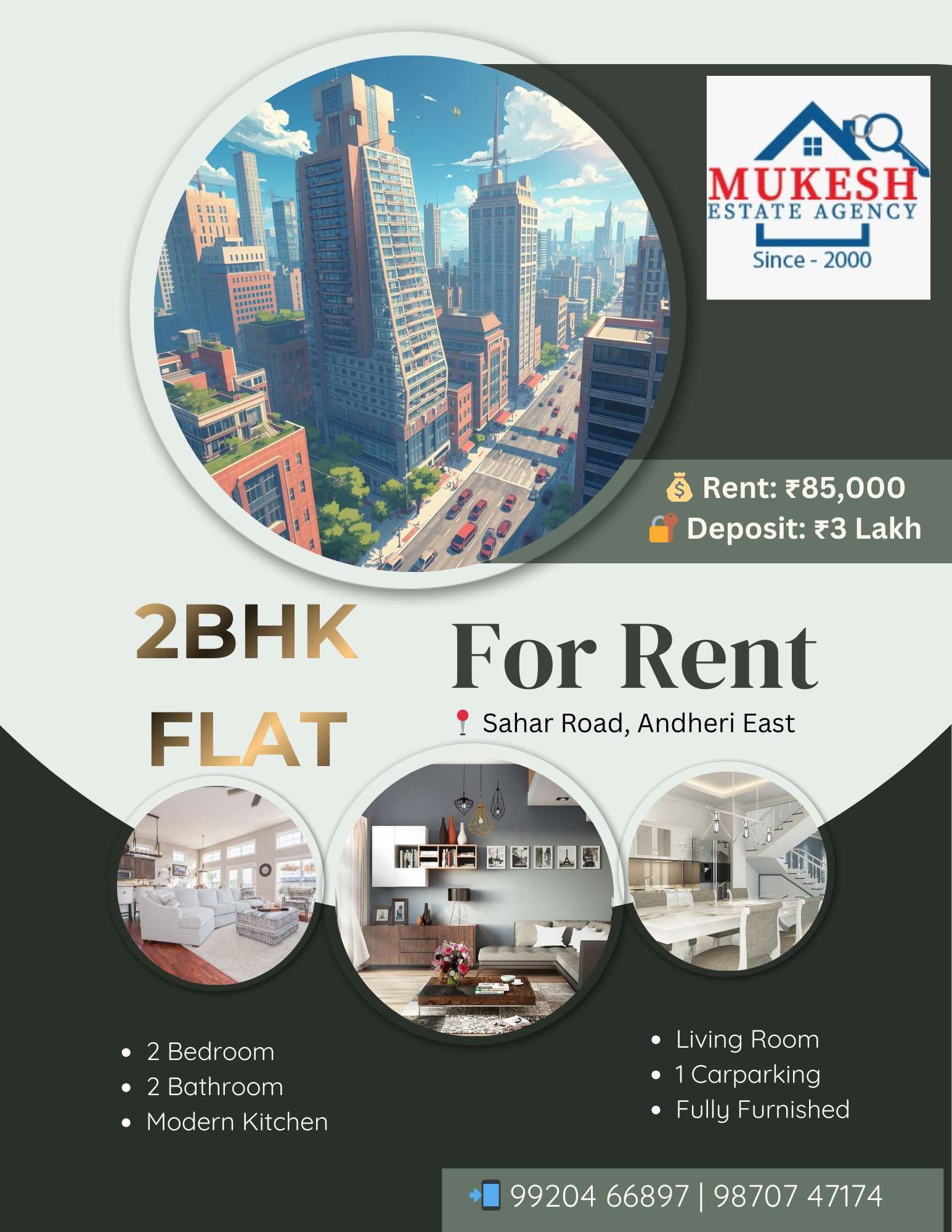 🏠 AVAILABLE FOR RENT – 2 BHK FLAT 📍 Sahar Road, Andheri East ✨ Property Details: ▪️ 2 BHK Flat ▪️ East / West Entry ▪️ Fully Furnished (No TV & Fridge) ▪️ Higher Floor ▪️ Only Vegetarian Family Allowed 💰 Rent: ₹85,000 (Final) 🔐 Security Deposit: ₹3,00,000 (Final) 🚗 Car Parking: 1 📅 Possession: 1st January 2026 🏢 Building Name: 📞 On Request 📞 Contact: Mukesh Estate Agency 📲 Call / WhatsApp for inspection & details