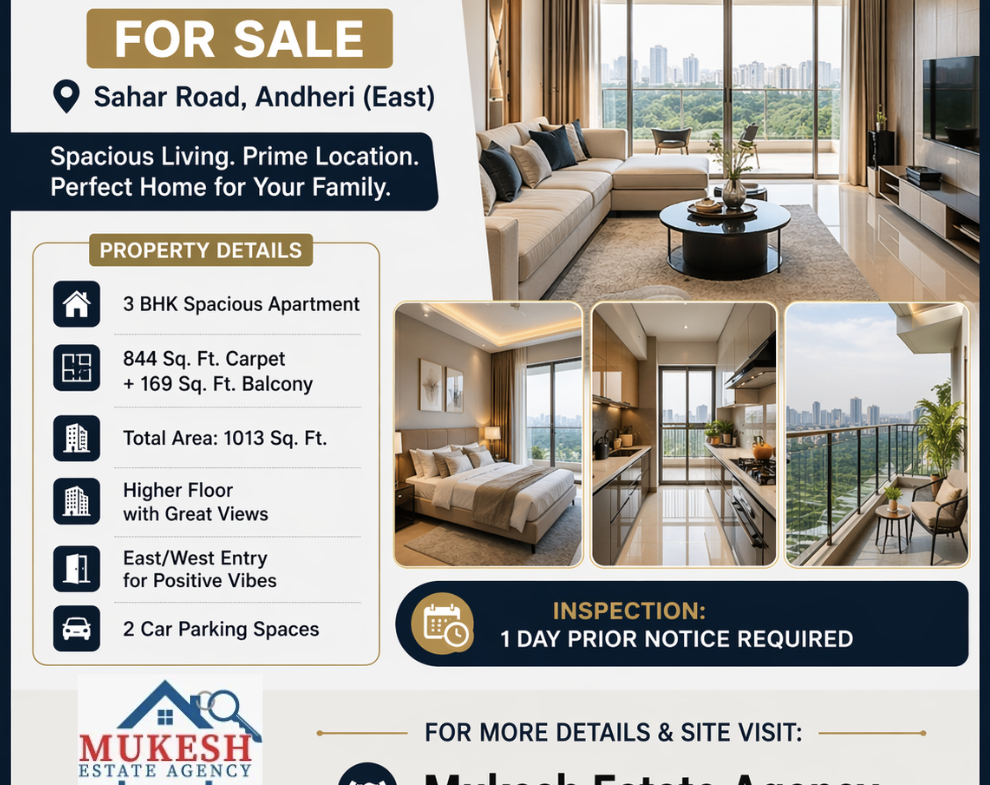 Premium 3 BHK Flat for Sale – Sahar Road, Andheri (East) Mukesh Estate Agency 📲 99204 66897 | 98707 47174