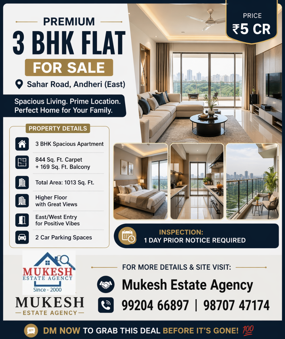 Premium 3 BHK Flat for Sale – Sahar Road, Andheri (East) Mukesh Estate Agency 📲 99204 66897 | 98707 47174