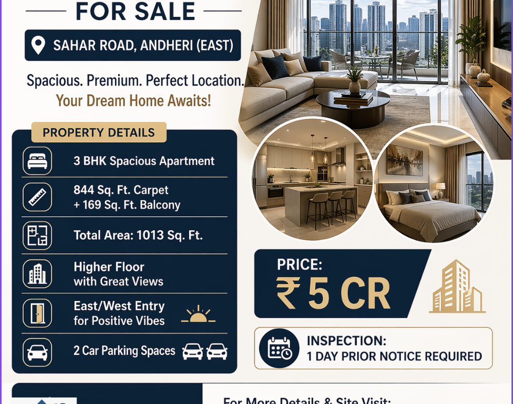 Premium 3 BHK Flat for Sale – Sahar Road, Andheri (East) Mukesh Estate Agency 📲 99204 66897 | 98707 47174