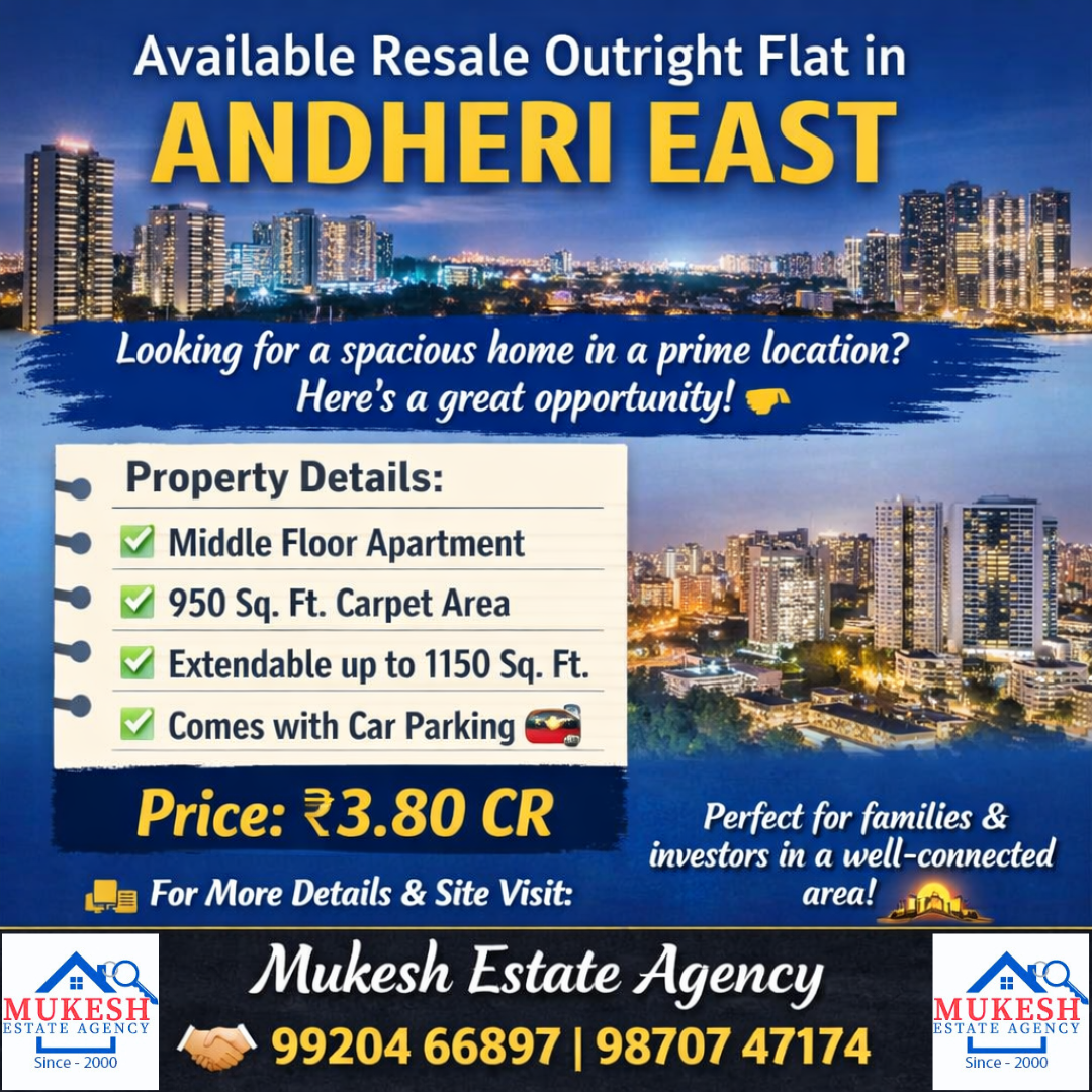 📞 For More Details & Site Visit: 🤝 Mukesh Estate Agency 📲 99204 66897 | 98707 47174 👉 DM now to grab this deal before it’s gone! 💯 #AndheriEast #MumbaiRealEstate #ResaleFlat #PropertyForSale #OutrightDeal #LuxuryLiving #DreamHome #MumbaiProperties #RealEstateIndia #HomeBuyers #PropertyInvestment #FlatsForSale #CarpetArea #PremiumProperty #InvestmentOpportunity #HouseHunting #MumbaiHomes #RealEstateLife #MukeshEstateAgency #PropertyDeal