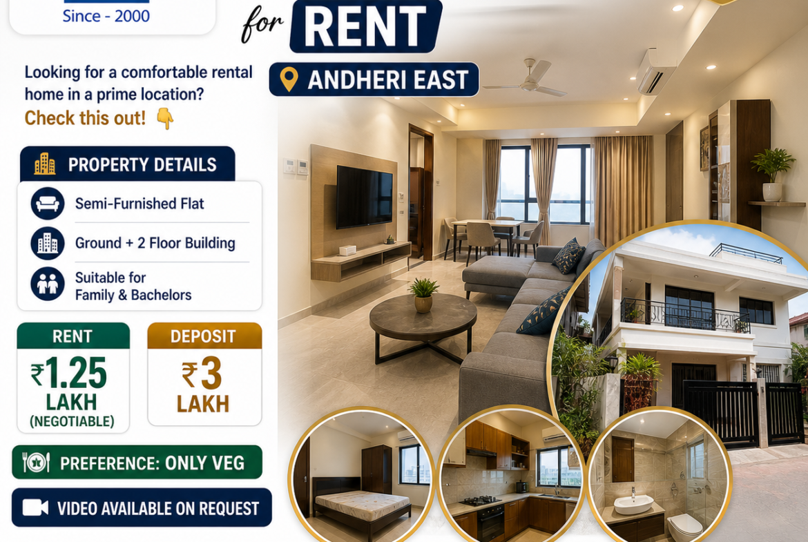 🏡 *Semi-Furnished bungalow Flat for Rent in Andheri East* 🌇 Looking for a comfortable rental home in a prime location? Check this out! 👇 ✨ *Property Details:* ✅ Semi-Furnished Flat ✅ Ground + 2 Floor Building ✅ Suitable for Family & Bachelors 💰 *Rent:* ₹1.25 Lakh (Negotiable) 💵 *Deposit:* ₹3 Lakh 🍽️ *Preference:* Only Veg 📹 Video available on request 📞 *For More Details & Site Visit:* 🤝 Mukesh Estate Agency 📲 99204 66897 | 98707 47174 👉 DM now to grab this rental opportunity before it’s gone! 💯 #AndheriEast #FlatForRent