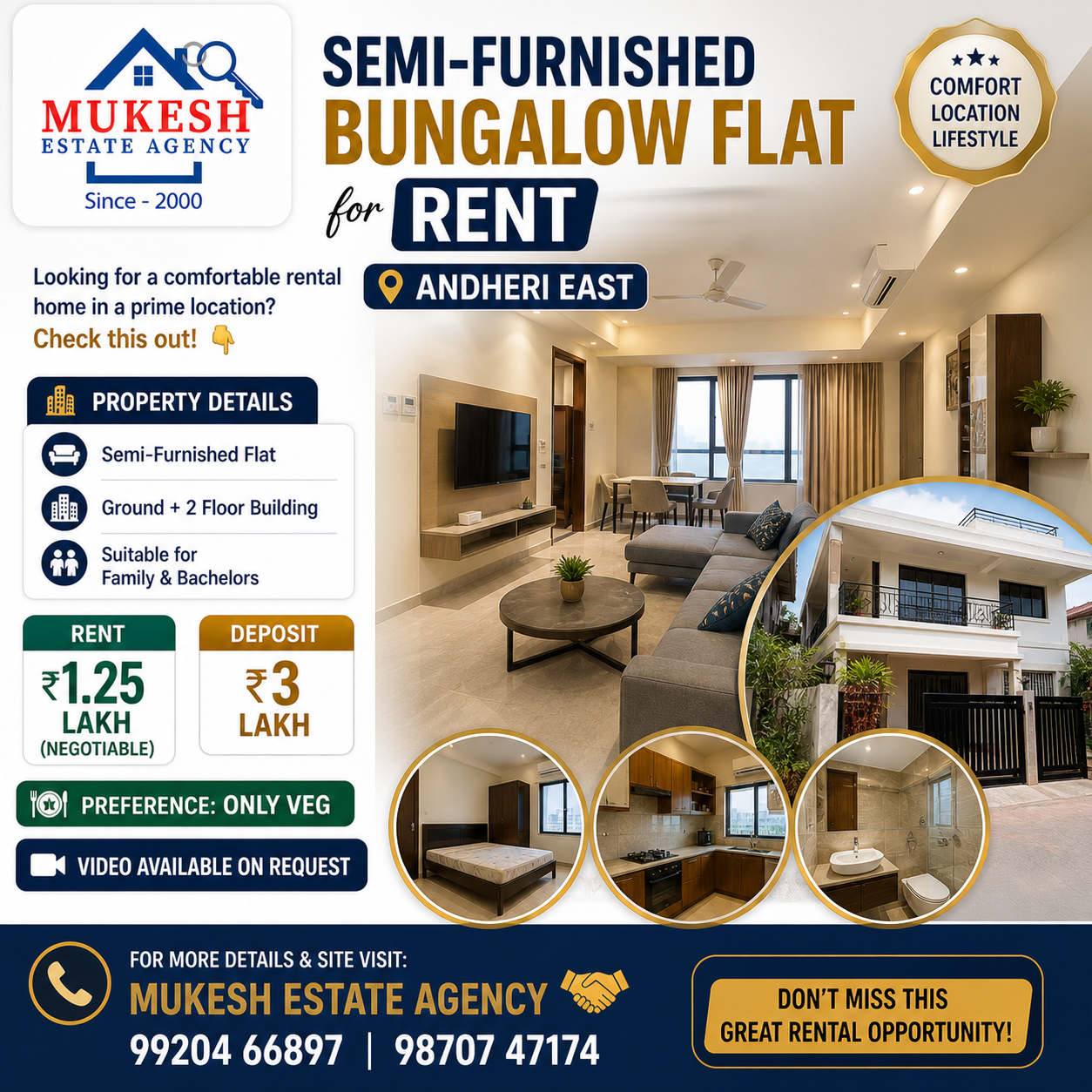 🏡 *Semi-Furnished bungalow Flat for Rent in Andheri East* 🌇 Looking for a comfortable rental home in a prime location? Check this out! 👇 ✨ *Property Details:* ✅ Semi-Furnished Flat ✅ Ground + 2 Floor Building ✅ Suitable for Family & Bachelors 💰 *Rent:* ₹1.25 Lakh (Negotiable) 💵 *Deposit:* ₹3 Lakh 🍽️ *Preference:* Only Veg 📹 Video available on request 📞 *For More Details & Site Visit:* 🤝 Mukesh Estate Agency 📲 99204 66897 | 98707 47174 👉 DM now to grab this rental opportunity before it’s gone! 💯 #AndheriEast #FlatForRent
